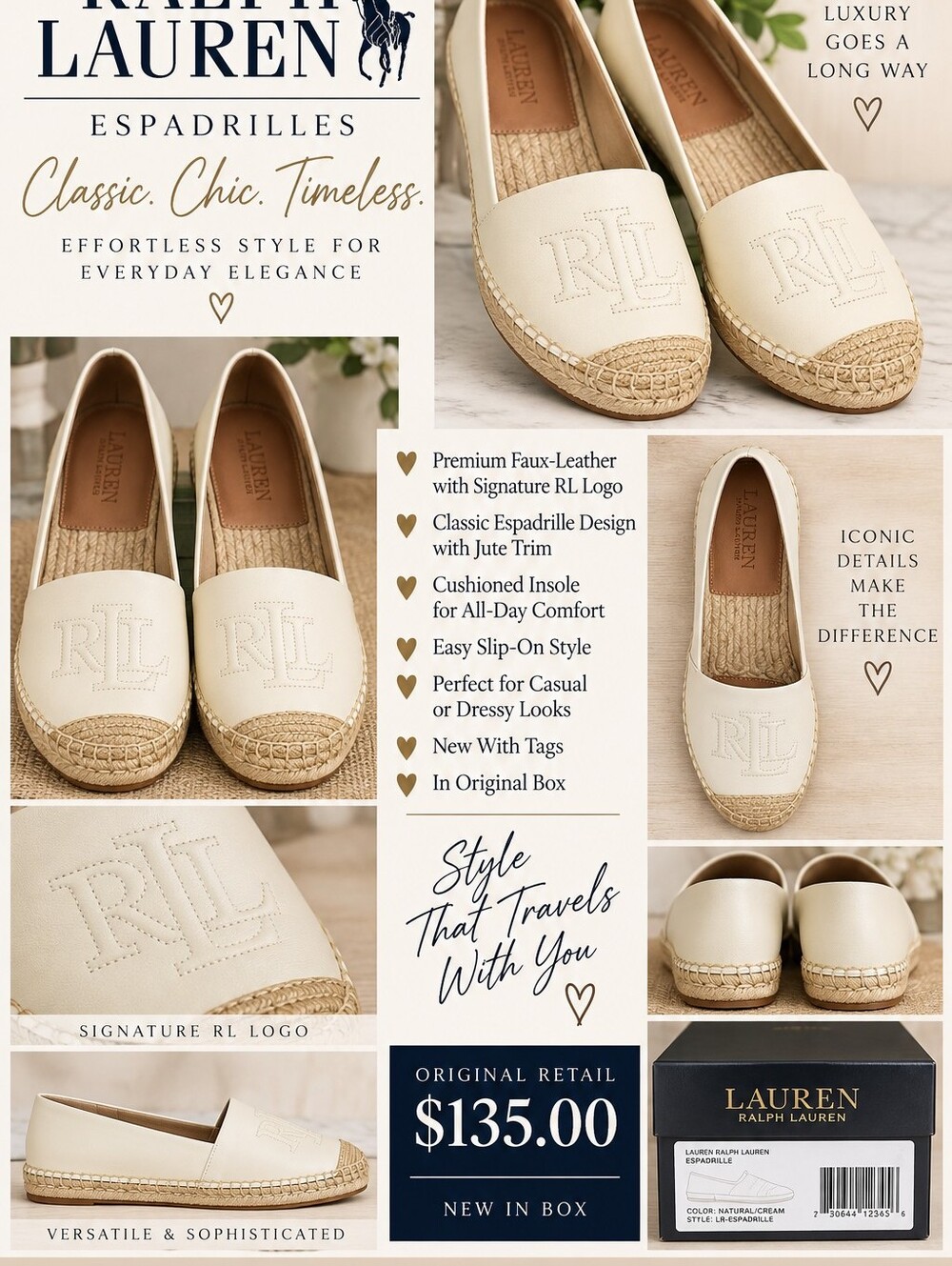 Lauren Ralph Lauren Cream Leather Espadrille Slip-On Flats NIB
